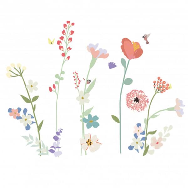 Prachtige Muursticker Fleur des Champs XL  van Mimi'lou. Hoge, magische bloemen, waarboven vogels en vlinders ronddraaien: je kunt ontsnappen met je raam open, op het geluid van de wind, in het hart van gigantische klaprozen! Mooie muurstickers voor in de babykamer en kinderkamer.