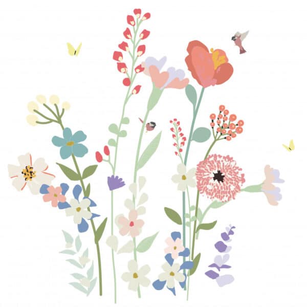 Prachtige Muursticker Fleur des Champs XL  van Mimi'lou. Hoge, magische bloemen, waarboven vogels en vlinders ronddraaien: je kunt ontsnappen met je raam open, op het geluid van de wind, in het hart van gigantische klaprozen! Mooie muurstickers voor in de babykamer en kinderkamer.