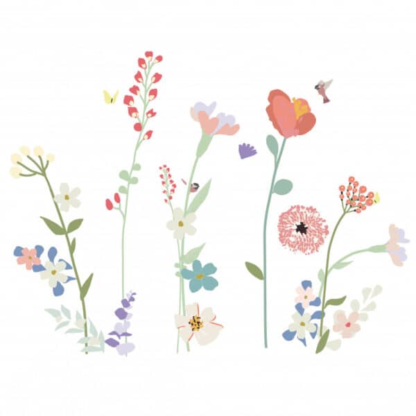 Prachtige Muursticker Fleur des Champs XL  van Mimi'lou. Hoge, magische bloemen, waarboven vogels en vlinders ronddraaien: je kunt ontsnappen met je raam open, op het geluid van de wind, in het hart van gigantische klaprozen! Mooie muurstickers voor in de babykamer en kinderkamer.